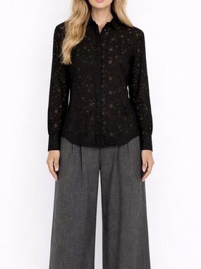 Saint Laurent France Wool Blend Eyelet Long Sleeve Button Black Shirt M